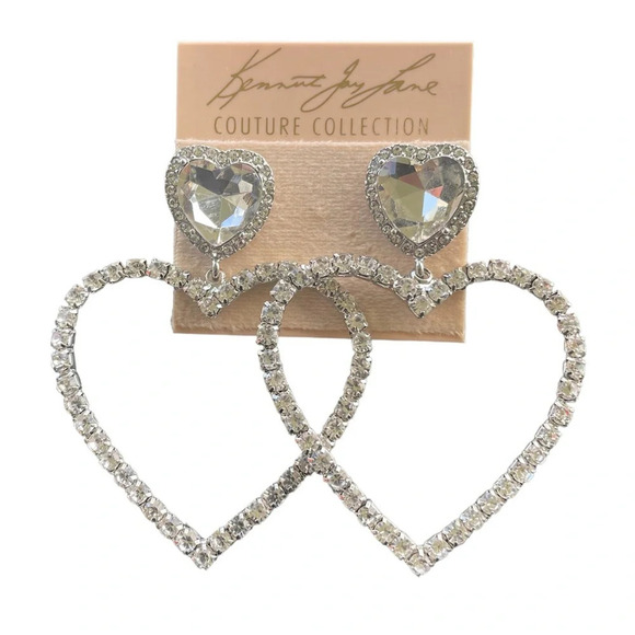 Kenneth Jay Lane Crystal Heart Silver Earrings - Picture 4 of 4